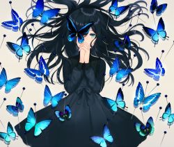 Rule 34 | 1girl, achiki, black dress, black hair, blue butterfly, blue eyes, bow, bug, butterfly, covering one eye, covering own mouth, dress, insect, interlocked fingers, long hair, looking at another, looking at viewer, lying, on back, original, own hands clasped, own hands together, pin, solo
