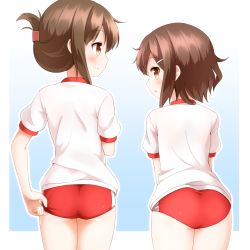 Rule 34 | 10s, 2girls, ass, blush, brown hair, buruma, faubynet, folded ponytail, gym uniform, hair ornament, hairclip, highres, ikazuchi (kancolle), inazuma (kancolle), kantai collection, looking at viewer, looking back, multiple girls, open mouth, short hair, simple background, smile, white background