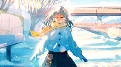 Rule 34 | 1girl, ^ ^, blue skirt, blurry, bokeh, bridge, closed eyes, closed mouth, commentary request, day, depth of field, facing viewer, floating hair, gloves, grey hair, inami hatoko, jacket, light particles, long hair, long sleeves, original, outdoors, pleated skirt, river, scarf, sign, skirt, smile, snow, solo, tree, white gloves, white jacket, winter, winter clothes, yellow scarf