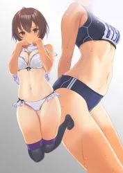 Rule 34 | 1girl, ahoge, arms behind back, bare shoulders, black thighhighs, blue buruma, blush, bra, breasts, brown eyes, brown hair, buruma, cleavage, clothes lift, commentary request, frilled panties, frills, full body, gluteal fold, gradient background, grey background, hair between eyes, highres, lifting own clothes, looking at viewer, medium breasts, multiple views, nanam (nanam sk), navel, one-piece tan, original, panties, parted lips, short hair, skindentation, stomach, strap slip, sweat, tan, tanline, thigh gap, thighhighs, thighs, track and field, underwear, white bra, white panties