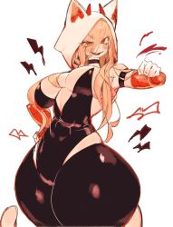 Rule 34 | 1girl, animal ears, black bodysuit, black choker, blonde hair, blush, bodysuit, breasts, cat ears, cat girl, cat tail, chainsaw man, choker, cosplay, cross-shaped pupils, demon girl, demon horns, hand on own hip, highres, hood, horns, large breasts, long hair, looking at viewer, marvel, power (chainsaw man), red eyes, red horns, skin tight, smile, spider-gwen, spider-man: into the spider-verse, spider-man (series), spider-verse, spider web print, symbol-shaped pupils, tail, thick thighs, thighs, usa37107692, white bodysuit, wide hips
