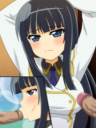 Rule 34 | 10s, arms behind head, arms up, black hair, blue eyes, blush, breasts, censored, closed mouth, cross-section, cum, cum in mouth, cum in nose, fellatio, frown, highres, hime cut, ikaruga (senran kagura), large breasts, miyamaya, oral, penis, senran kagura, shiny skin