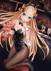 Rule 34 | 1girl, abigail williams (fate), alcohol, animal ears, asle, bare shoulders, black bow, black footwear, black hairband, black leotard, blonde hair, blush, bottle, bow, brown pantyhose, commentary request, cup, drinking glass, fake animal ears, fate/grand order, fate (series), finger to mouth, forehead, hair bow, hairband, high heels, indoors, leotard, long hair, looking at viewer, multiple hair bows, hugging object, on chair, orange bow, pantyhose, parted bangs, parted lips, playboy bunny, rabbit ears, rabbit tail, shoes, solo, stool, strapless, strapless leotard, stuffed animal, stuffed toy, suction cups, tail, teddy bear, tentacles, tray, very long hair, wine, wine glass, wrist cuffs