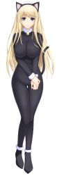Rule 34 | 1girl, absurdres, animal ears, blonde hair, blue eyes, blush, breasts, cat ears, feet, full body, game cg, highres, iizuki tasuku, large breasts, legs, long hair, long image, looking at viewer, lovely x cation 2, simple background, solo, standing, tail, thighs, twintails, white background, yoshinoya seine