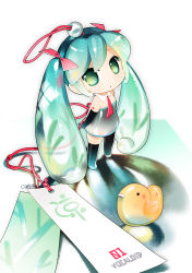 Rule 34 | 1girl, aqua eyes, aqua hair, bare shoulders, bird, chibi, duck, glass, hatsune miku, highres, long hair, looking at viewer, mao yu, necktie, red necktie, solo, spring onion, standing, tag, twintails, vocaloid