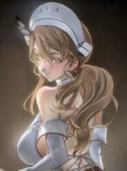 Rule 34 | 1girl, absurdres, backless outfit, bare shoulders, blush, breasts, brown background, brown eyes, brown hair, commission, from behind, gradient background, headdress, highres, kantai collection, large breasts, littorio (kancolle), long hair, looking at viewer, looking back, low ponytail, shirt, sideboob, skeb commission, solo, u teitoku, upper body, white shirt