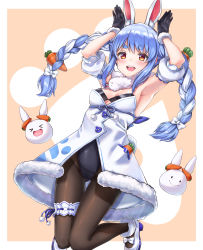 Rule 34 | &gt; &lt;, 1girl, :d, absurdres, animal ear fluff, animal ears, armpits, arms up, black gloves, black leotard, black pantyhose, blue hair, blue ribbon, blush, border, bow, braid, breasts, cleavage, commentary request, detached sleeves, don-chan (usada pekora), dress, extra ears, foot out of frame, fur trim, gloves, hair bow, hands up, highres, hololive, legband, leotard, long hair, open mouth, orange background, orange eyes, pantyhose, pekomon (usada pekora), pom pom (clothes), puffy short sleeves, puffy sleeves, rabbit ears, rabbit girl, rabbit pose, rabbit tail, ribbon, short sleeves, sidelocks, silver hair, simple background, small breasts, smile, solo, tail, thick eyebrows, twin braids, twintails, usada pekora, usada pekora (1st costume), virtual youtuber, watagashi-mfmf, white border, white bow, white dress