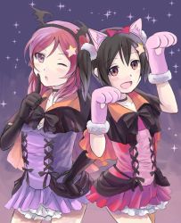Rule 34 | 2girls, animal ears, black hair, bow, bowtie, capelet, collarbone, costume, dress, elbow gloves, finger to mouth, gloves, headband, looking at viewer, love live!, love live! school idol festival, love live! school idol project, medium hair, multiple girls, nishikino maki, open mouth, red eyes, red hair, sgen, shushing, skirt, smile, star (symbol), starry background, thighs, yazawa nico