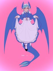 Rule 34 | 1girl, apron, black footwear, blue dress, blue hair, blue horns, bow, breasts, collared dress, commentary, corset, curtsey, dated, dragon girl, dragon horns, dragon wings, dress, fins, fish tail, floating, frilled apron, frills, full body, glasses, hat, highres, horns, large breasts, long sleeves, maid, melusine (housamo), mob cap, open mouth, pink background, pink eyes, pointy ears, puffy long sleeves, puffy sleeves, short hair, skirt hold, smile, solo, tail, tokyo houkago summoners, vignetting, waist bow, white legwear, wings, yuunatu
