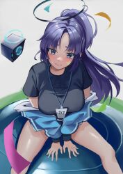 Rule 34 | 1girl, arm support, blue archive, blue eyes, blue jacket, blush, breasts, closed mouth, clothes around waist, embarrassed, grey shirt, gym uniform, halo, jacket, jacket around waist, long hair, looking at viewer, medium breasts, name tag, ouo (ouoq2), ponytail, purple hair, shirt, sitting, solo, star sticker, sweatdrop, yuuka (blue archive), yuuka (track) (blue archive)