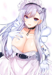 Rule 34 | 1girl, apron, azur lane, belfast (azur lane), blue eyes, breasts, chain, cleavage, collar, elbow gloves, gloves, gokugetsu momo, highres, large breasts, long hair, looking at viewer, maid, maid apron, maid headdress, open mouth, silver hair, solo, white gloves
