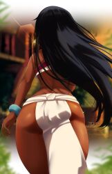 Rule 34 | 1girl, artist name, ass, ass focus, back, bandeau, bare shoulders, black hair, blurry, blurry background, bracelet, chel (the road to el dorado), cowboy shot, dark-skinned female, dark skin, dated, earrings, facing away, female focus, from behind, glint, gold, highres, hoop earrings, jewelry, lens flare, loincloth, long hair, narrow waist, outdoors, peach-cup, shiny skin, signature, solo, standing, the road to el dorado, thick thighs, thighs, walking, wide hips