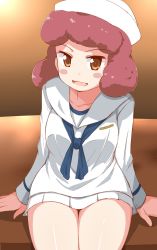 Rule 34 | 10s, 1girl, arm support, blouse, blue neckerchief, blush stickers, commentary request, curly hair, dixie cup hat, dou-t, girls und panzer, hat, head tilt, highres, long sleeves, looking at viewer, military hat, miniskirt, neckerchief, ooarai naval school uniform, open mouth, partial commentary, pleated skirt, red eyes, red hair, rum (girls und panzer), sailor, sailor collar, school uniform, shirt, short hair, sitting, skirt, smile, solo, thighs, white hat, white shirt, white skirt