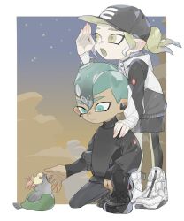 Rule 34 | 1boy, 1girl, aqua eyes, aqua hair, baseball cap, black footwear, black headwear, black jacket, black pants, blonde hair, border, closed mouth, commentary request, eyebrow cut, hat, high tops, highres, inkling, inkling girl, inkling player character, jacket, leggings under shorts, mohawk, multicolored clothes, multicolored jacket, night, night sky, nintendo, octoling, octoling boy, octoling player character, open mouth, outside border, pampers sp, pants, ponytail, red eyes, red hair, shoes, short hair, sky, sleeves past wrists, smallfry (splatoon), sneakers, splatoon (series), splatoon 3, squatting, standing, star (sky), teeth, tentacle hair, thick eyebrows, tongue, two-tone jacket, white border, white jacket, yellow eyes
