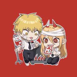 Rule 34 | 1boy, 1girl, absurdres, bandaged hand, bandaged horn, bandages, bandaid, bandaid on arm, black necktie, black pants, blonde hair, blood, blood bag, chainsaw man, chibi, commentary, cross-shaped pupils, denji (chainsaw man), highres, horns, intravenous drip, kiunchiku, kneeling, necktie, pants, power (chainsaw man), red background, red eyes, red horns, sharp teeth, shoes, sneakers, symbol-shaped pupils, teeth, tongue, tongue out, yellow eyes