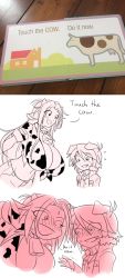 Rule 34 | 1boy, 1girl, animal ears, blush, breasts, cleavage, cow ears, cow girl, cow horns, dog ears, highres, horns, huge breasts, matsu-sensei, mattie (ego trigger), meme, monochrome, monster girl, open mouth, photo (medium), size difference, white background