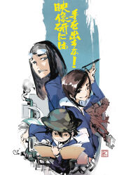 3girls asakusa_midori black_eyes black_hair brown_hair bucket_hat camouflage_headwear commentary_request copyright_name drawing_(action) eizouken_ni_wa_te_wo_dasu_na! eyewear_on_head glasses hat highres ink inkstick kanamori_sayaka mizusaki_tsubame multiple_girls paparaya school_uniform shibahama_high_school_uniform signature simple_background white_background