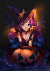 Rule 34 | 1girl, animal ears, asymmetrical clothes, asymmetrical gloves, blue eyes, choker, elbow gloves, gloves, gradient hair, halloween, hat, highres, jack-o&#039;-lantern, kaminary, long hair, looking at viewer, mismatched gloves, multicolored hair, original, purple hair, single elbow glove, solo, wings, witch hat