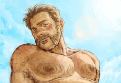 Rule 34 | 1boy, armpit hair, armpit hair peek, bara, call of duty, call of duty: modern warfare 2, captain price, chest hair, hairy, highres, large pectorals, looking at viewer, male focus, mature male, muscular, muscular male, mutton chops, nanda (loafynanda), nipples, nude, pectoral focus, pectorals, seductive smile, short hair, smile, solo, thick eyebrows, upper body