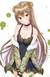 Rule 34 | 1girl, bad id, bad pixiv id, bare shoulders, black dress, black gloves, blush, bow, brown hair, camouflage, camouflage jacket, closed mouth, commentary, cowboy shot, double bun, dress, fur-trimmed jacket, fur trim, girls&#039; frontline, gloves, green bow, green eyes, green jacket, hair between eyes, hair bow, hair bun, head tilt, jacket, kubong, long hair, long sleeves, off shoulder, paint splatter, rfb (girls&#039; frontline), side bun, sleeveless, sleeveless dress, smile, solo, symbol-only commentary, very long hair, white background