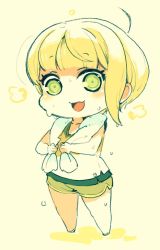 Rule 34 | 1girl, bad id, bad twitter id, blonde hair, blunt bangs, character request, chibi, full body, green eyes, idolmaster, long hair, looking at viewer, miyamoto frederica, mota, open mouth, short shorts, shorts, simple background, smile, solo, sweat, tank top, towel