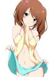 Rule 34 | 10s, 1boy, aqua skirt, asuta (ayustat0423), bare arms, bare shoulders, blush, brown hair, camisole, clothes lift, collarbone, green eyes, hair ornament, hair scrunchie, head tilt, idolmaster, idolmaster side-m, looking at viewer, male focus, midriff, mizushima saki, navel, scrunchie, shiny skin, short twintails, simple background, skirt, skirt lift, smile, solo, stomach, trap, twintails, white background