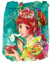 Rule 34 | 1girl, 2023, alternate costume, alternate hairstyle, blunt bangs, chopsticks, cotori (globule), earrings, flower, gnosia, hair flower, hair ornament, heart, high ponytail, highres, holding, holding chopsticks, japanese clothes, jewelry, kimono, long hair, long sleeves, looking at viewer, purple eyes, red hair, solo, sq (gnosia), tattoo, upper body