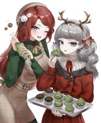 Rule 34 | 1girl, 1other, abella (fear &amp; hunger), antlers, christmas, deer antlers, fear &amp; hunger, fear &amp; hunger 2: termina, food, grey eyes, grey hair, hat, highres, holding, holding tray, horns, lilio, long hair, looking at viewer, marina (fear &amp; hunger), mole, mole under mouth, mouth piercing, muffin, one eye closed, red hair, tray, white background