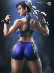 Rule 34 | 1girl, absurdres, adapted costume, ass, bike shorts, black hair, bracelet, bun cover, capcom, chun-li, cowboy shot, double bun, earrings, flexing, from behind, hair bun, highres, jewelry, lips, logan cure, spiked bracelet, spikes, sports bra, standing, steaming body, street fighter, sweat, tight clothes, toned