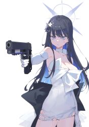 Rule 34 | 1girl, absurdres, aiming, black hair, blue archive, blue eyes, blue hair, blue halo, breasts, choker, cleavage, closed mouth, colored inner hair, cowboy shot, dress, earrings, elbow gloves, flower, gloves, gun, hair flower, hair ornament, halo, highres, holding, holding gun, holding weapon, jewelry, large breasts, long hair, multicolored hair, official alternate costume, saori (blue archive), saori (dress) (blue archive), seizou hidzuke, simple background, solo, strapless, strapless dress, weapon, white background, white choker, white dress, white flower, white gloves