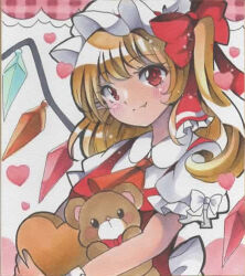 Rule 34 | 1girl, ascot, blonde hair, blush, breasts, closed mouth, collared shirt, crystal, fang, fang out, flandre scarlet, frilled sleeves, frills, hat, hat ribbon, heart, highres, hugging object, jpeg artifacts, light smile, long hair, maccha xxxxxx, marker (medium), mob cap, multicolored wings, one side up, orange ascot, puffy short sleeves, puffy sleeves, red eyes, red ribbon, red vest, ribbon, shirt, short sleeves, small breasts, solo, stuffed animal, stuffed toy, teddy bear, touhou, traditional media, vest, white hat, white shirt, wings