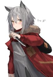 Rule 34 | 1girl, animal ears, arknights, blush, closed mouth, commentary request, fur-trimmed hood, fur trim, grey background, grey hair, hair between eyes, highres, holding, holding knife, hood, hooded jacket, horn/wood, jacket, knife, long hair, long sleeves, orange eyes, projekt red (arknights), red jacket, simple background, solo, translated, upper body, wolf ears