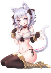Rule 34 | 1girl, :p, absurdres, animal ear fluff, animal ears, asymmetrical gloves, bad id, bad pixiv id, black gloves, black panties, black thighhighs, blue eyes, boots, bra, bracelet, breasts, cat ears, cat tail, choker, cleavage, commentary request, elbow gloves, fingerless gloves, gloves, hand to own mouth, highres, jewelry, knee boots, looking at viewer, medium breasts, mismatched gloves, miyamae porin, navel, original, outstretched hand, panties, ribbon, short hair, side-tie panties, silver hair, single elbow glove, sitting, smile, solo, tail, thighhighs, tongue, tongue out, two side up, underwear, white bra
