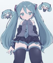 Rule 34 | 1girl, absurdres, aqua eyes, aqua hair, bare shoulders, blue eyes, blue hair, blush, chibi, chibi inset, detached sleeves, from below, hair ornament, halftone, hatsune miku, headphones, highres, long hair, looking at viewer, necktie, open mouth, ringed eyes, shirt, skirt, smile, solo, thighhighs, twintails, very long hair, vocaloid, wotoha, zettai ryouiki