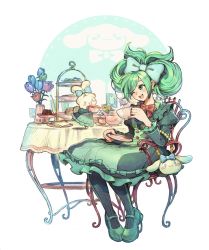 Rule 34 | &gt;o&lt;, 1girl, 9twoeight, black pantyhose, blue bow, bow, chair, cinnamiku, cinnamoroll, cup, ear bow, flower, green eyes, green footwear, hair bow, hatsune miku, high heels, highres, holding, holding cup, holding plate, long sleeves, looking at another, medium hair, one eye closed, pantyhose, plate, red bow, sanrio, sitting, table, teacup, teapot, vase, vocaloid