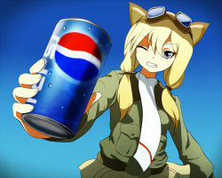 Rule 34 | 1girl, animal ears, blonde hair, blush, can, carla j. luksic, film grain, foreshortening, goggles, goggles on head, grin, holding, long hair, looking at viewer, looking down, low-tied long hair, military, military uniform, one eye closed, pepsi, purple eyes, scarf, shiratama (hockey), sky, smile, solo, strike witches, twintails, uniform, upper body, world witches series