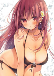 Rule 34 | 1girl, bikini, black bikini, braid, breasts, cleavage, closed mouth, collarbone, commentary request, flower, gluteal fold, hair flower, hair ornament, halterneck, highres, hinako note, large breasts, leaning forward, long hair, looking at viewer, march-bunny, orange hair, red eyes, sakuragi hinako, shirt, side-tie bikini bottom, simple background, solo, string bikini, swimsuit, twintails, water, water drop, white background, white shirt