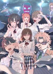 1girl 3boys 4girls absurdres ahoge black-framed_eyewear black_eyes black_necktie blonde_hair blue_eyes brown_hair cellphone closed_eyes closed_mouth cloud collared_shirt commentary cropped_torso dark_clouds ebina_hina flower flower_in_mouth flying_paper glasses gloves green_necktie hair_bun hand_up hayama_hayato highres hikigaya_hachiman holding holding_phone lightning long_hair looking_at_viewer miura_yumiko multiple_boys multiple_girls neck_ribbon necktie one_eye_closed open_mouth paper phone pilot_uniform plaid_clothes plaid_skirt pleated_skirt ponkan_8 red-framed_eyewear red_flower red_ribbon red_rose ribbon rose school_uniform shirt short_hair short_sleeves single_hair_bun single_side_bun skirt smartphone sobu_high_school_uniform solo talking_on_phone tokyo_big_sight torn_clothes torn_shirt translated white_gloves white_shirt yahari_ore_no_seishun_lovecome_wa_machigatteiru. yuigahama_yui yukinoshita_yukino zaimokuza_yoshiteru