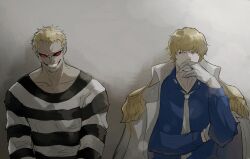 Rule 34 | 2boys, blonde hair, blue shirt, brothers, coat, coat on shoulders, collarbone, donquixote doflamingo, donquixote rocinante, gloves, grey background, grin, highres, long sleeves, looking at another, male focus, multiple boys, necktie, one piece, prison clothes, red-tinted eyewear, shirt, short hair, siblings, smile, smoking, sub 45, tinted eyewear, upper body, white-framed eyewear, white gloves, white necktie