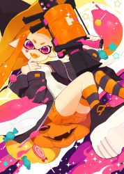 Rule 34 | .52 gal (splatoon), 1girl, asymmetrical legwear, black footwear, black hat, black jacket, blouse, blunt bangs, candy, colored tongue, commentary, english commentary, facial mark, fangs, floating, food, halloween, halloween costume, halterneck, hand on own chin, hat, heart, highres, holding, holding weapon, inkling, inkling girl, inkling player character, jack-o&#039;-lantern, jacket, lollipop, long hair, looking at viewer, mask, nintendo, nomu (29 nom), off shoulder, open clothes, open jacket, open mouth, orange hair, orange hat, orange shorts, orange socks, orange tongue, paint splatter, pink eyes, pointy ears, pumpkin pants, ribbed shirt, shirt, shoes, short shorts, shorts, sleeveless, sleeveless shirt, smile, socks, solo, sparkle, splatoon (series), star (symbol), striped clothes, striped socks, tentacle hair, thighhighs, two-sided fabric, two-sided headwear, uneven legwear, v-shaped eyebrows, weapon, white shirt, witch hat, zipper
