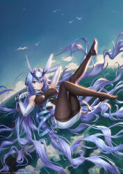 Rule 34 | 1girl, above clouds, absurdly long hair, absurdres, anautoma, azur lane, blue hair, bodystocking, breasts, cloud, elbow gloves, floating, floating hair, flying, full body, gloves, headgear, highres, large breasts, long hair, looking at viewer, new jersey (azur lane), pantyhose, solo, thighband pantyhose, thighhighs, very long hair, white gloves