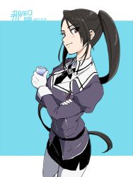 Rule 34 | 10s, 1girl, black hair, brown eyes, crossed arms, cup, gloves, holding, holding cup, ikeshita moyuko, kantai collection, light smile, long hair, looking at viewer, nachi (kancolle), pantyhose, ponytail, side ponytail, solo, uniform, very long hair