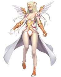 Rule 34 | 1girl, bare shoulders, blindfold, blonde hair, breasts, cleavage, gauntlets, hidezi, long hair, simple background, solo, white background, wings