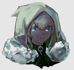 Rule 34 | 1girl, cloak, commentary request, cropped shoulders, eyelashes, fate (series), fur-trimmed cloak, fur trim, gray (fate), grey background, grey eyes, grey hair, hood, hood up, hooded cloak, looking at viewer, parted lips, simple background, solo, tokoni fusu