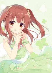 Rule 34 | 10s, 1girl, :d, bare arms, bare shoulders, blunt bangs, blush, bracelet, cherry, commentary request, dress, food, fruit, green background, green dress, hair bobbles, hair ornament, head tilt, idolmaster, idolmaster cinderella girls, jewelry, kushida you, long hair, looking at viewer, ogata chieri, open mouth, own hands together, petals, red eyes, red hair, sash, sleeveless, sleeveless dress, smile, solo, tareme, twintails, upper body, wrist cuffs