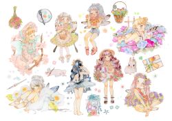 Rule 34 | 6+girls, absurdres, ankle ribbon, apron, aqua eyes, barefoot, basket, black hair, blonde hair, blush, bobby socks, bonnet, bouquet, bow, box, branch, butterfly wings, cherry blossoms, cherry hair ornament, closed eyes, crop top, flower, flower basket, food-themed hair ornament, fork, frills, full body, gift, gift box, hair bow, hair ornament, hairband, hands up, hat, headphones, headphones around neck, heterochromia, highres, holding, holding basket, holding stuffed toy, indian style, insect wings, jacket, leg ribbon, lolita fashion, long hair, mary janes, medium hair, multiple girls, nanakami mana, navel, open mouth, orange hair, original, pajamas, panties, pink hair, plate, ponytail, purple hair, rabbit, ribbon, sash, shoes, short shorts, shorts, simple background, sitting, smile, socks, soles, stuffed animal, stuffed toy, sunflower, teddy bear, toes, topless, twintails, two side up, underwear, wavy hair, white background, white hair, white legwear, wings