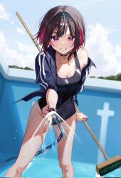 Rule 34 | 1girl, black hairband, black nails, blush, breasts, chigusa minori, choker, cleavage, collarbone, competition swimsuit, corrupted twitter file, hairband, highres, holding, holding mop, holding phone, jacket, large breasts, looking at viewer, mop, multicolored hair, one-piece swimsuit, phone, pool, purple eyes, shino to ren, shirayuki ren, short hair, solo, swimsuit, water