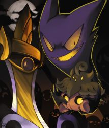 Rule 34 | :o, :|, aegislash, closed mouth, cloud, commentary, creatures (company), evil smile, expressionless, fangs, floating, full moon, game freak, gen 1 pokemon, gen 6 pokemon, ghost, halloween, haunter, highres, holding, looking at viewer, looking away, moon, night, night sky, nintendo, no humans, open mouth, outdoors, pokemon, pokemon (creature), pokemon rgby, pokemon xy, pumpkaboo, purple eyes, rock-bomber, signature, sitting, sky, smile, yellow eyes