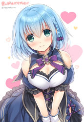 Rule 34 | 1girl, adhara (hoshi no girls odyssey), blue hair, bow, braid, breasts, brooch, cleavage, closed mouth, copyright name, cowboy shot, green eyes, hagino kouta, hair bow, heart, heart background, hoshi no girls odyssey, jewelry, large breasts, looking at viewer, purple bow, short hair, simple background, skirt, smile, solo, twitter username, white background