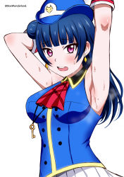 Rule 34 | 1girl, absurdres, armpits, arms up, blue hat, blush, box wonderland, hat, highres, long hair, looking at viewer, love live!, love live! sunshine!!, open mouth, purple eyes, simple background, solo, sweat, tsushima yoshiko, white background